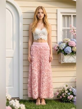 Women's Pink Floral Rosette Maxi Skirt